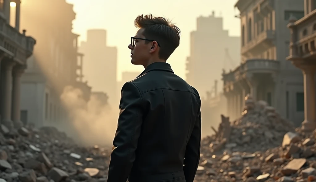 Handsome boy back side view with glasses, destroy city, 5 feet 7 inches height, businessman, stylist car jacket, body fits, medium long stylist normal hair, cinematic, back side view, back side, realities, no face only back side, stylist fitting jacket, destroy everything, medium long hair,tony stark, back, back side, back side, back, back back