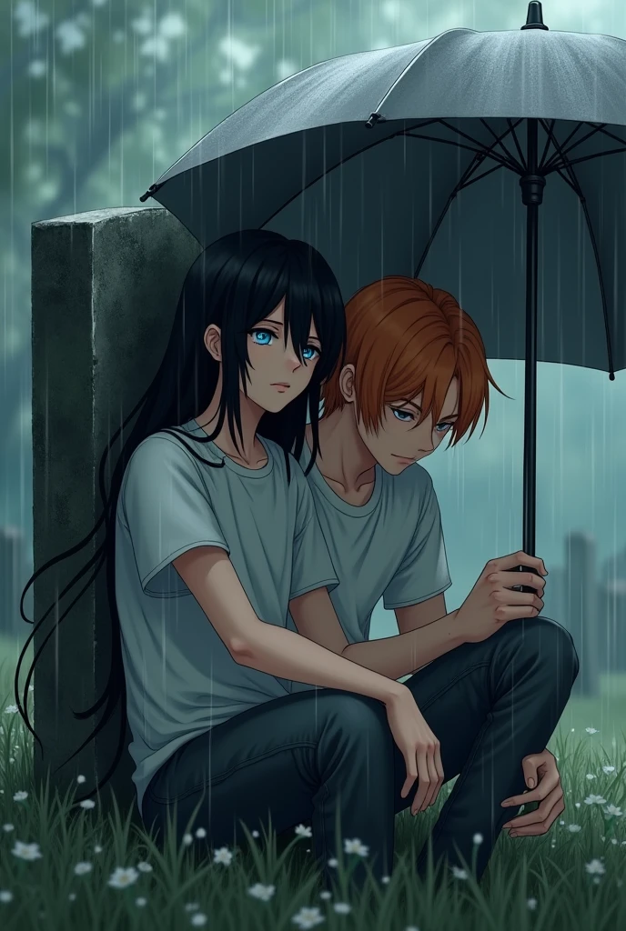 A guy with long black hair, gray eyes, Beautiful face, beautiful body, black T-shirt, black trousers, sitting leaning against the tombstone, It&#39;s raining, sad, a guy with orange hair and blue eyes next to him, Beautiful face, beautiful body, White T-shirt, dark gray pants, holding a gray umbrella over him, anime art, realistically, super detail, masterpiece