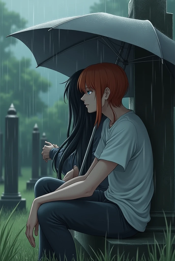 A guy with long black hair, gray eyes, Beautiful face, beautiful body, black T-shirt, black trousers, sitting leaning against the tombstone, It&#39;s raining, sad, a guy with orange hair and blue eyes next to him, Beautiful face, beautiful body, White T-shirt, dark gray pants, holding a gray umbrella over him, anime art, realistically, super detail, masterpiece