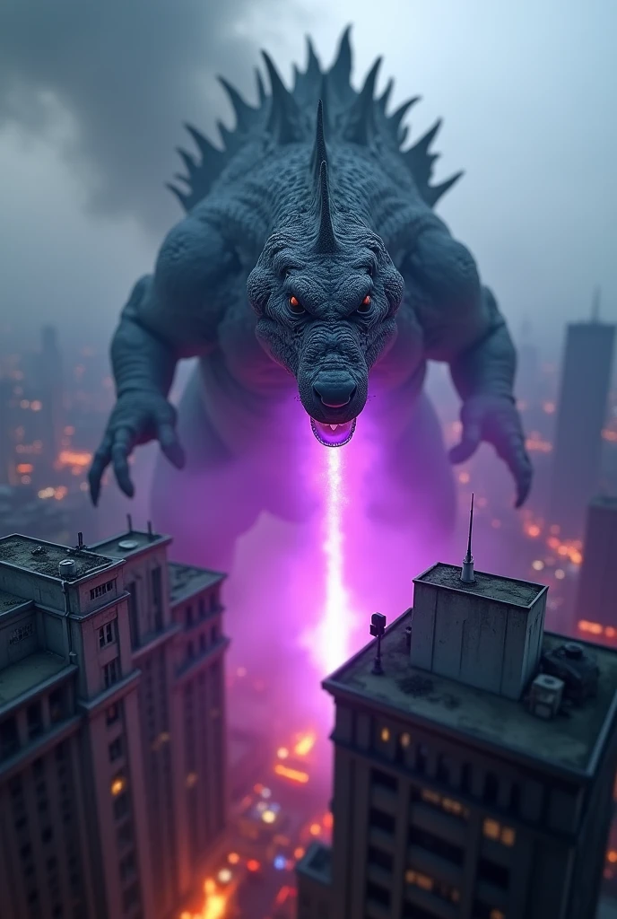 Tilt shift photography. a giant mutated lizard monster, godzilla, attacking a city, purple nuclear energy coming out of its mouth, detailed and realistic, cinematic wide angle, dark and ominous atmosphere, dramatic lighting, apocalyptic destruction, urban cityscape in the background, 8k, photorealistic, hyper detailed, masterpiece