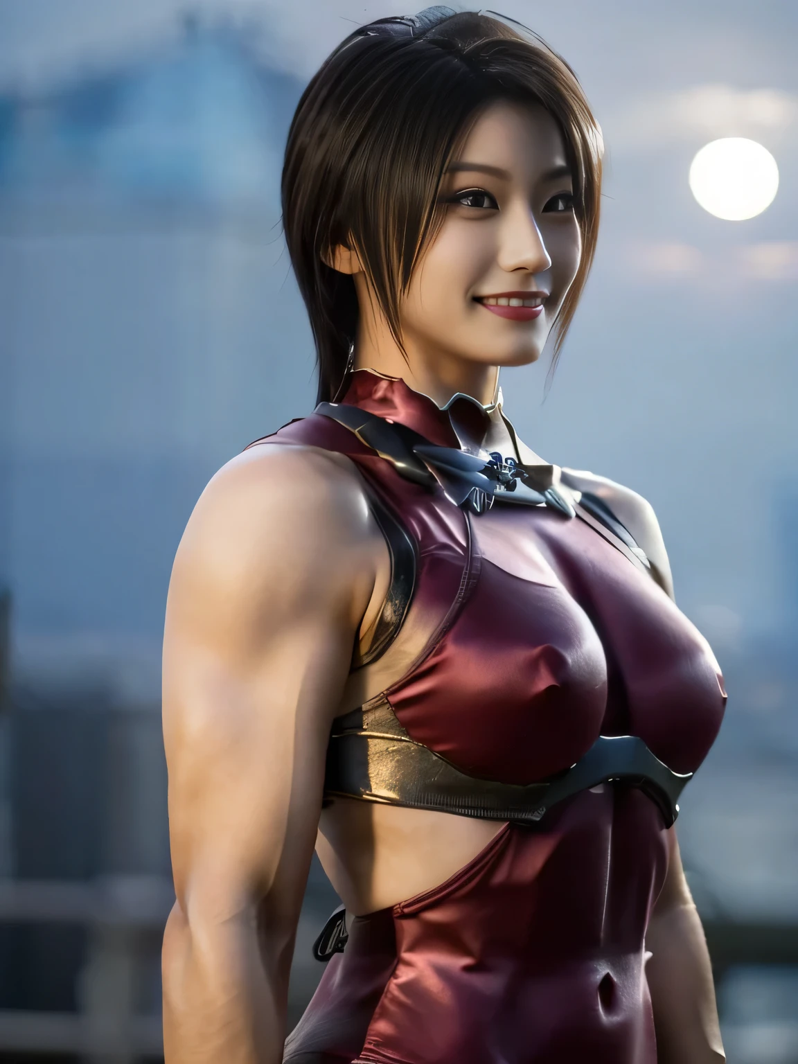 20 year old Japanese beauty，One woman、Muscular body like a bodybuilder、Emphasize the breasts、Slit eyes、A head-to-toe view，Bust is very very large、Full moon night in the background、High quality photos、Clear, crisp images of the lower body、Masterpiece 8k、Smiling、Throwing a shuriken with the right hand、From the front, from the side, from the back, etc.々from what camera angle to shoot、A ninja costume of purplish-red color