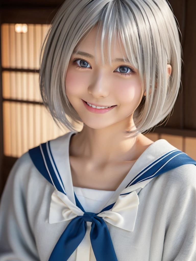 (A beautiful girl in a bright nordic setting, face lighting, realistic, cute, sexy, slim, extremely detailed eyes, droopy eyes, clear eyes, extremely detailed face:1.25), (ultra short fluffy hair,silver hair:1.5),(close-up of face,smiling:1.25), (japanese highschool uniform:1.5),detailed skin, intricate details, high quality, detailed background, soft lighting, detailed clothing, natural pose, cinematic lighting, volumetric lighting, digital art, photorealistic, vibrant colors, sharp focus, hyper detailed,Highres fix