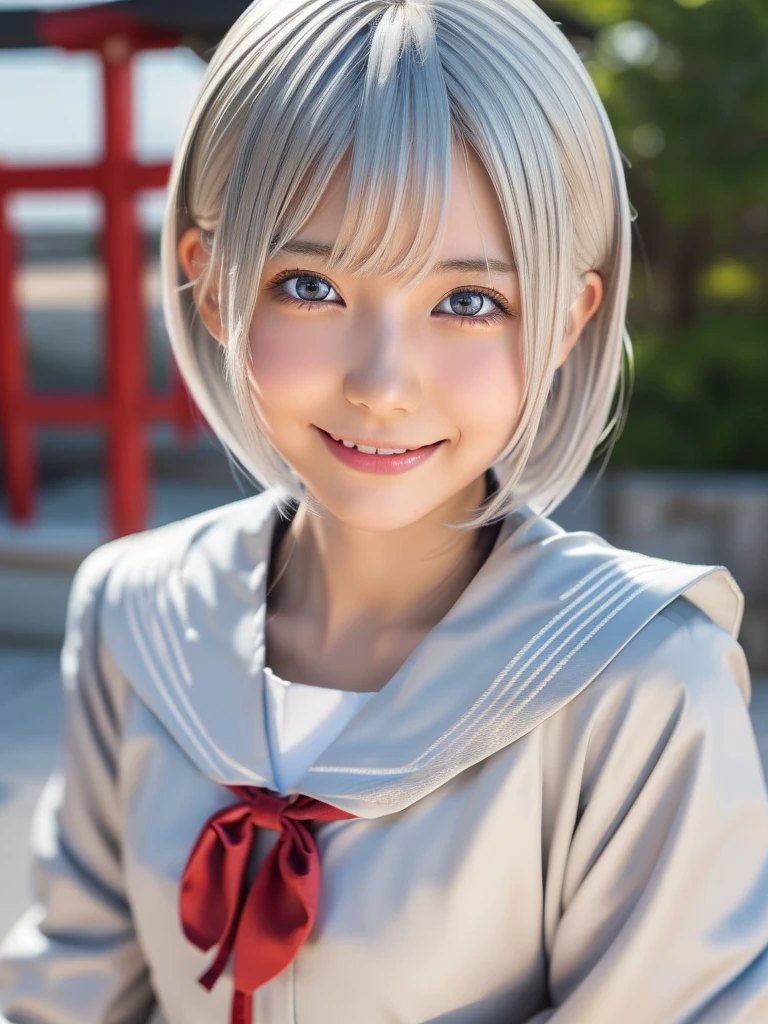 (A beautiful girl in a bright nordic setting, face lighting, realistic, cute, sexy, slim, extremely detailed eyes, droopy eyes, clear eyes, extremely detailed face:1.25), (ultra short fluffy hair,silver hair:1.5),(close-up of face,smiling:1.25), (japanese highschool uniform:1.5),detailed skin, intricate details, high quality, detailed background, soft lighting, detailed clothing, natural pose, cinematic lighting, volumetric lighting, digital art, photorealistic, vibrant colors, sharp focus, hyper detailed,Highres fix