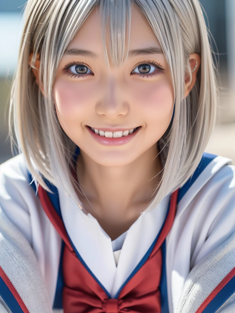 (A beautiful girl in a bright nordic setting, face lighting, realistic, cute, sexy, slim, extremely detailed eyes, droopy eyes, clear eyes, extremely detailed face:1.25), (ultra short fluffy hair,silver hair:1.5),(close-up of face,smiling:1.25), (japanese highschool uniform:1.5),detailed skin, intricate details, high quality, detailed background, soft lighting, detailed clothing, natural pose, cinematic lighting, volumetric lighting, digital art, photorealistic, vibrant colors, sharp focus, hyper detailed,Highres fix