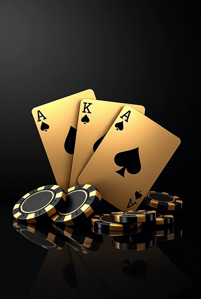 generate 8k images in pdf format for cell phone background of golden playing cards with black background mixed with gold But something simple with the playing cards in black and the symbols in gold but only with the 4 A simple background in black half gray with poker chips in black with gold at the base of the cards as if the cards were on a table and the poker chips at the bottom of it with the top view of the cards