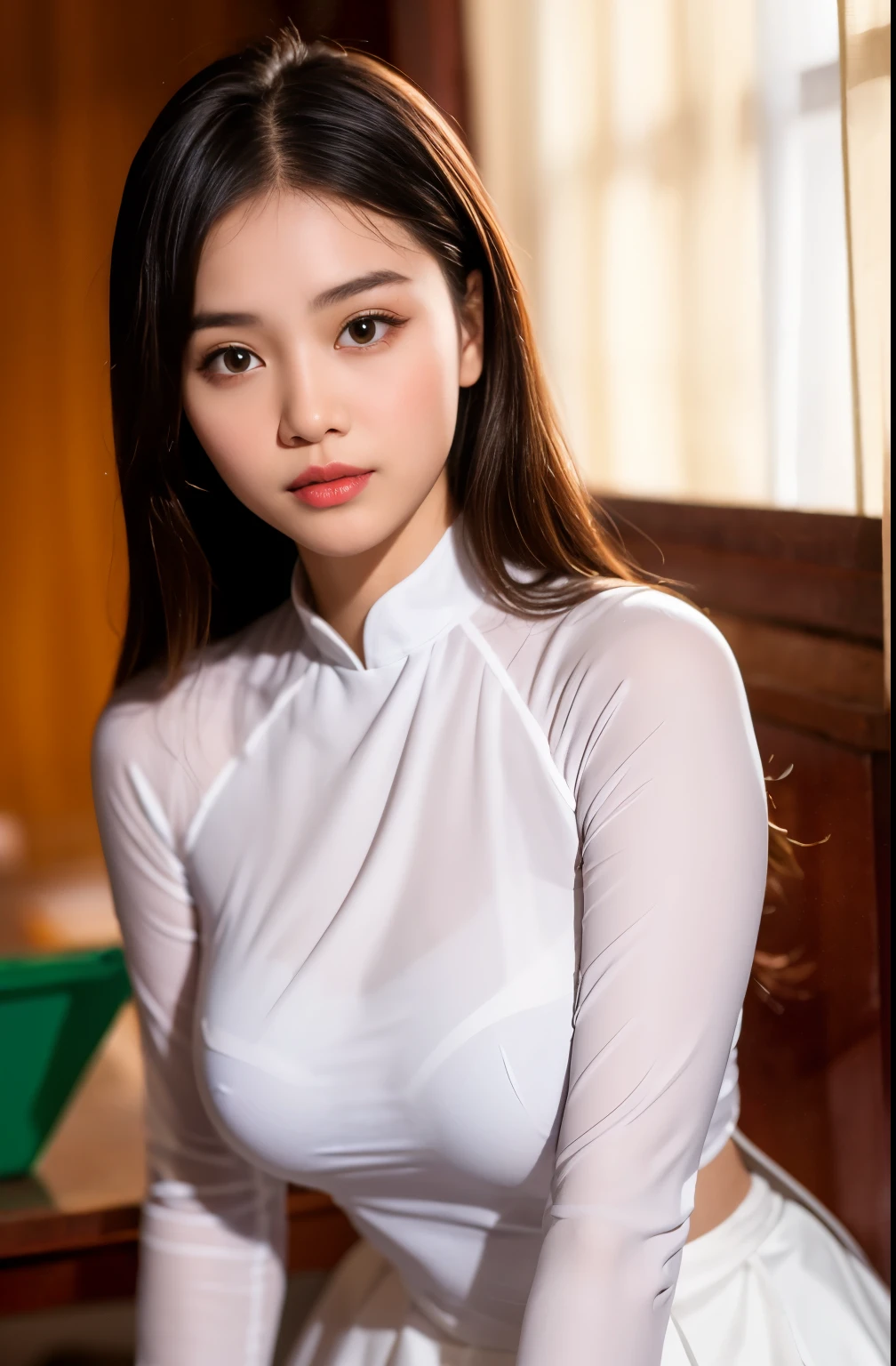 Raw photo ,vietnam 1 girl ,Wearing white traditional uniform, (( )) , highly detailed, photorealistic, 8K, HDR, studio lighting, extremely fine detail, realistic fabric textures, natural skin tones,