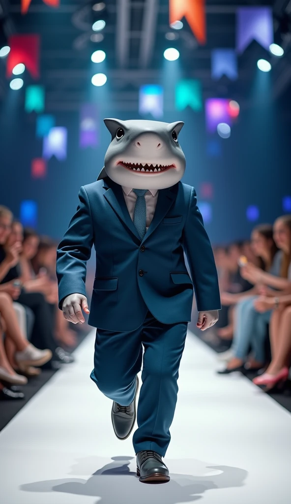 Cute baby shark with funny giant head wearing muscular business suit in realistic full body fashion show