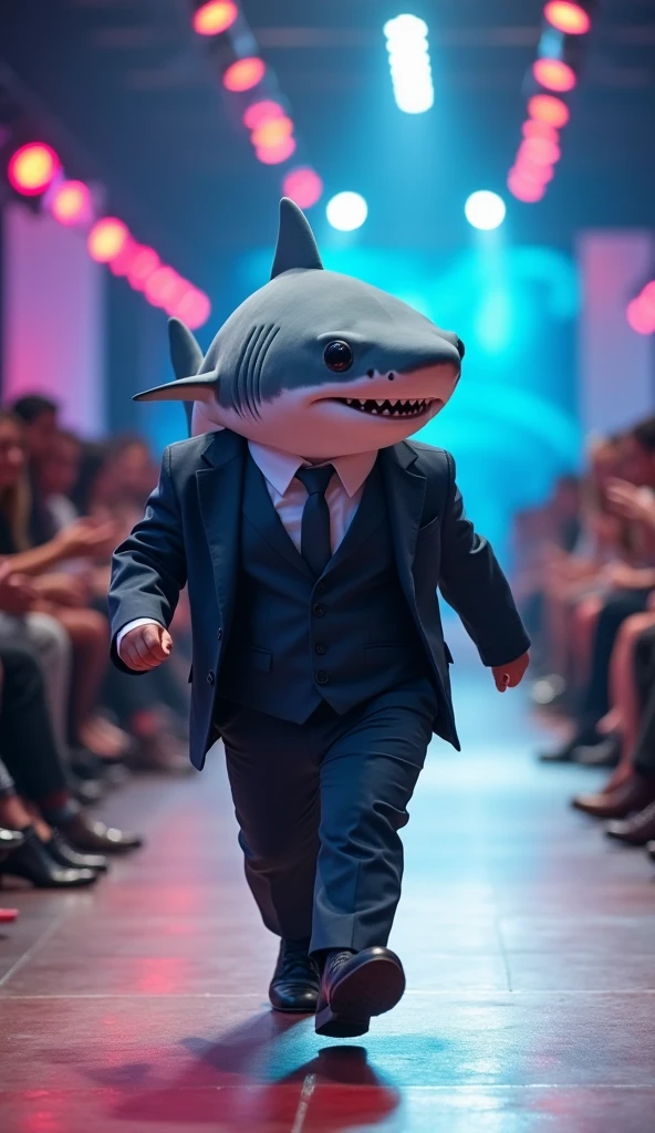 Cute baby shark with funny giant head wearing muscular business suit in realistic full body fashion show