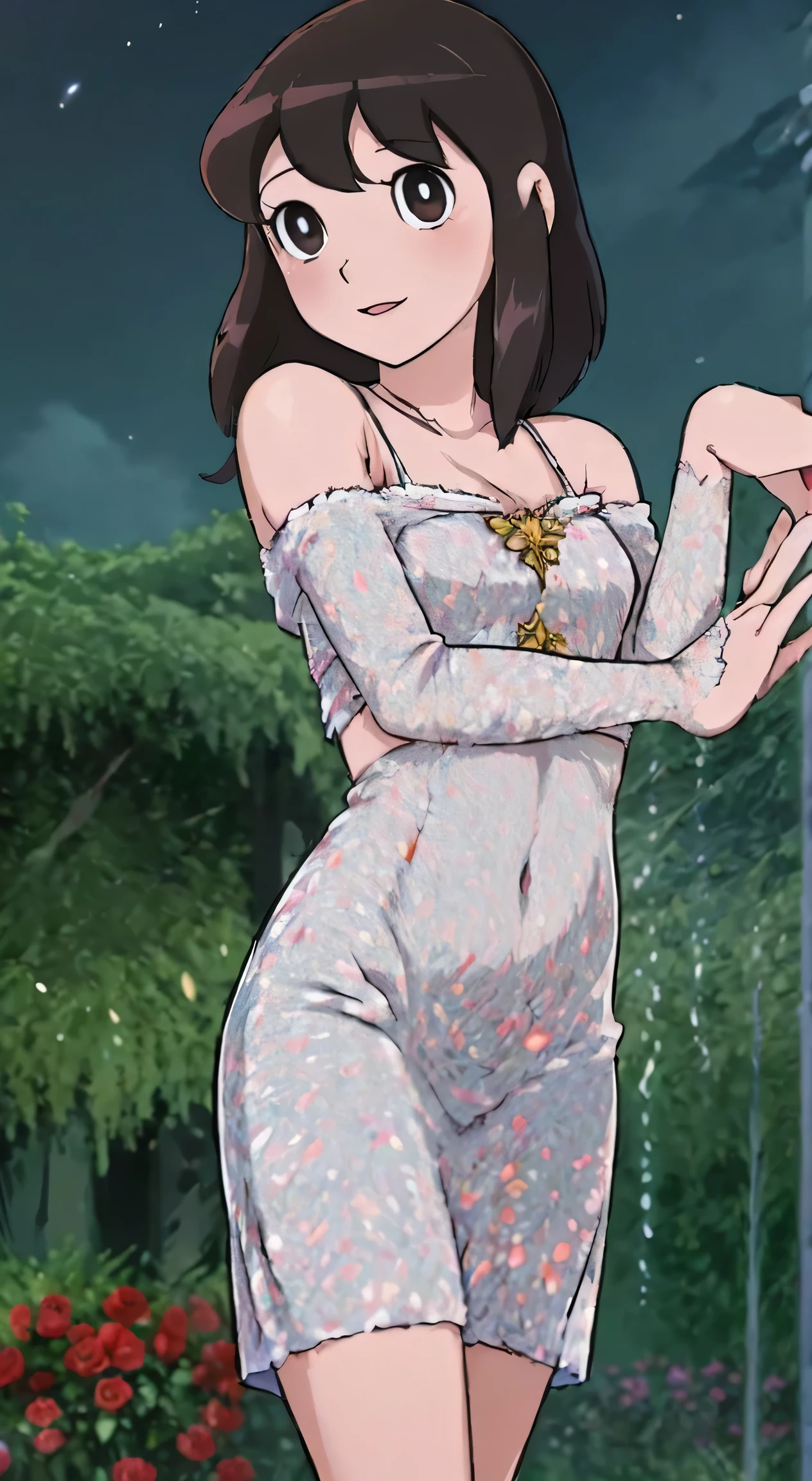 masterpiece, highest quality, (solo focus), (perfect face:1.1), (high detail:1.1), (hyper detailed eyes), dramatic, a guy with pale skin and long voluminous black red hair, white eyes, solo, long hair, Sephiroth, moon, night, white luxury suit, covered navel, pouty lips, fur, arrogant expression, Rose Garden, detailed background, art by artgerm, cinematic lighting, roses, fashion, BalenciagaStyle, smiling beautifully