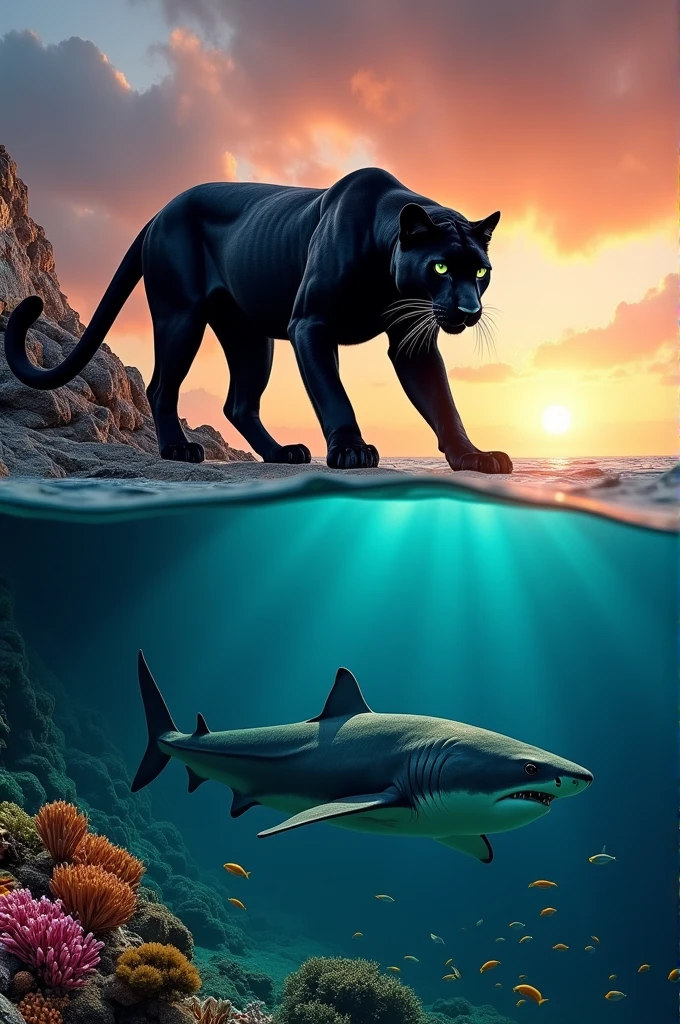 Black panther and shark in one frame