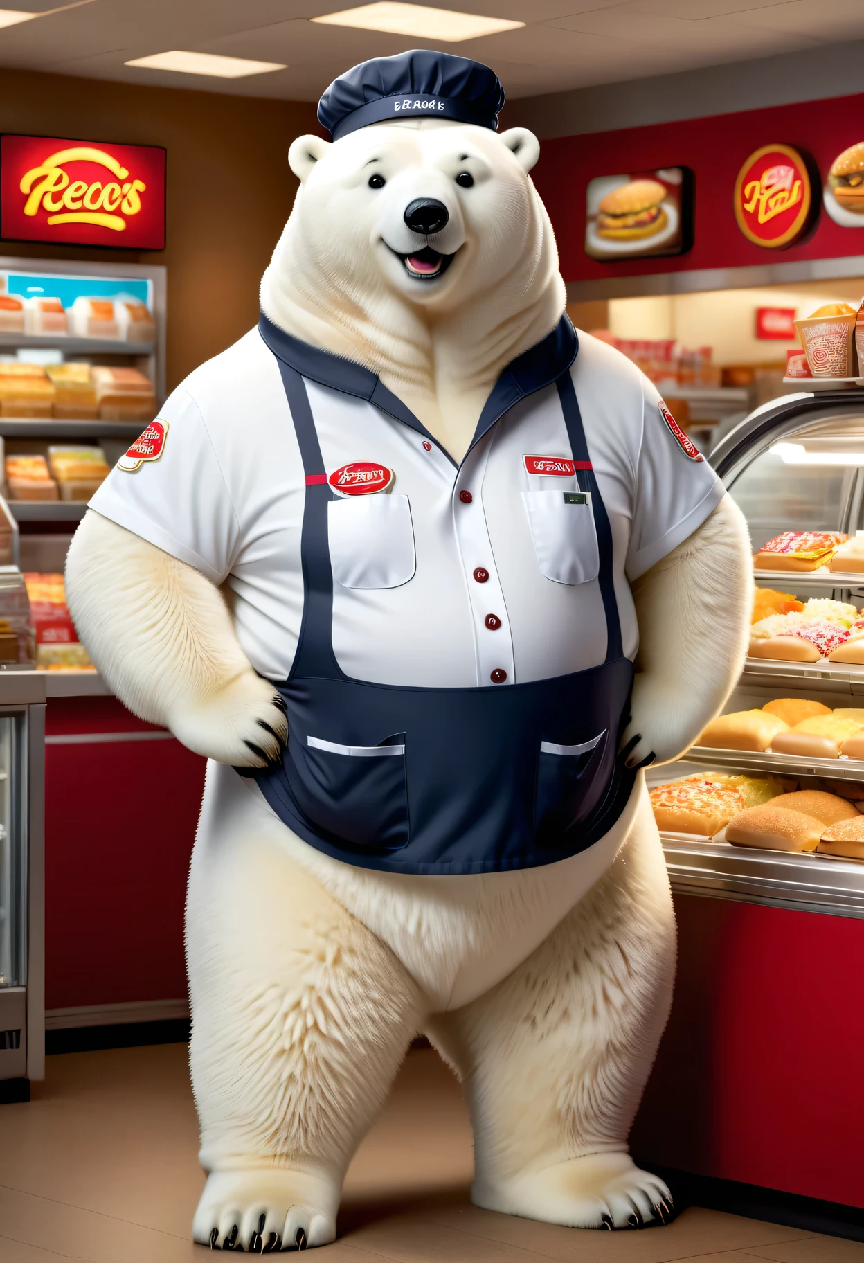 photorealistic portrait of Dressed animals-a ((fat)) (polar bear) worker,(furry), (elegant pose:1.5), (hands on hips:1.5),(smile:1.5),high quality,(),(lovely) ,intricate details, Wearing fast food shop uniform , ( wearing apron and cap), highly detailed ((fast food shop uniform)) ,highly detailed pants sneaker and high sox , (happy), soft lighting,(full body image:2.0),in fast food shop background,,score_9, score_8_up, score_7_up, score_6_up, score_5_up, score_4_up,