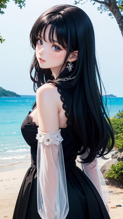 (masterpiece,Highest quality,,8k,High resolution),One female,,Beautiful Face,Beautiful Face,Beautiful eyes,Beautiful lips,,Black Hair,look back,,flower,Sandy beach with a view of the forest,A bright night with stars visible,jewelry,Holding,Long sleeve,necklace,Long Hair,dress,(whole body),Highly detailed anime art,