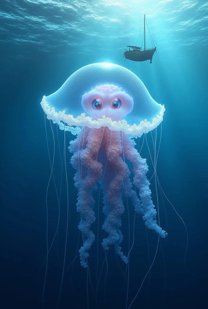 a giant cannonball jellyfish, realistic photo, detailed anatomy,extremely detailed eyes and face, extremely detailed tentacles, detailed texture, floating in the ocean, underwater scene, ocean waves, sunlight shining through the water, fishing boat in the background, cinematic lighting, vibrant colors, photorealistic, 8k, best quality