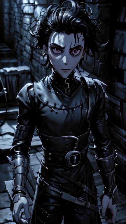 (1boy, Edward), (extremely detailed CG unit 8k wallpaper),(master part), (best quality), (ultra detail), (best illustration),(TimBurton Animation), cowboy shot, (Sharp eyeliner, ombre, detail eyes), dark dungeon interiors background, ,break , (vamptech), decolorise,