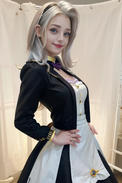 (Masterpiece, The best quality:1.2), only, 1girl , beautiful age girl europea , Caucasian , mlp , Trixie lulamoon , Nice smile , make-up , looking at the viewer, small black jacket , mlp , 17 years , beautiful teengirl , teen mod turquoise eyes , within, anochecer , parque , Full body photo , alegre , linda sonrisa , usa cosplay de Ellen joe , ropa de maid , cosplay ellen joe , cabello largo color plata , pelo largo pñateado