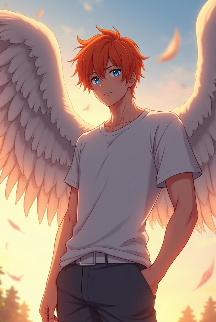 a guy with orange hair and blue eyes, Beautiful face, beautiful body, Angel wings, big wings,one wing is spread, full length, White T-shirt, dark gray pants, Standing in the distance, anime art, realistically, super detail, masterpiece
