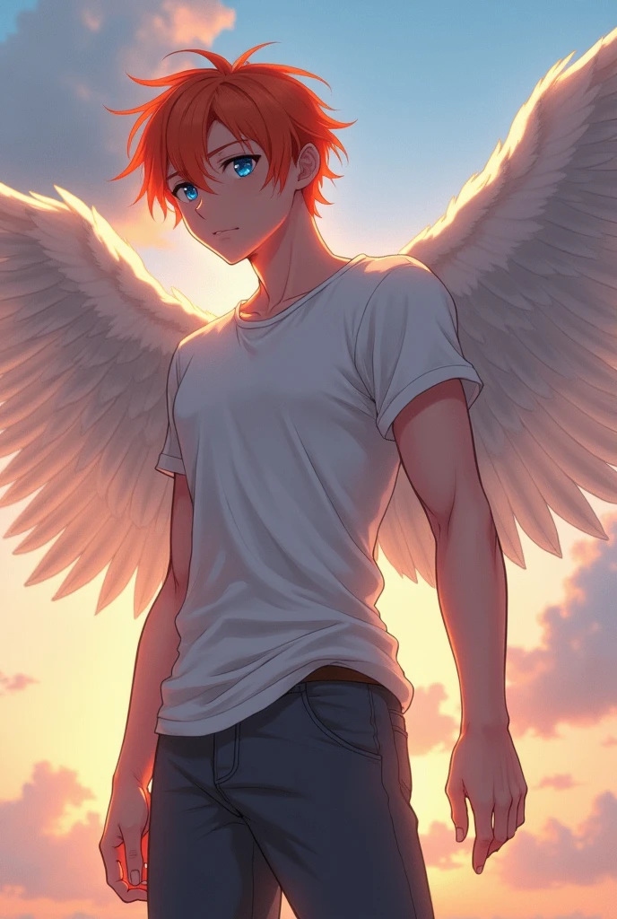 a guy with orange hair and blue eyes, Beautiful face, beautiful body, Angel wings, big wings,one wing is spread, full length, White T-shirt, dark gray pants, Standing in the distance, anime art, realistically, super detail, masterpiece