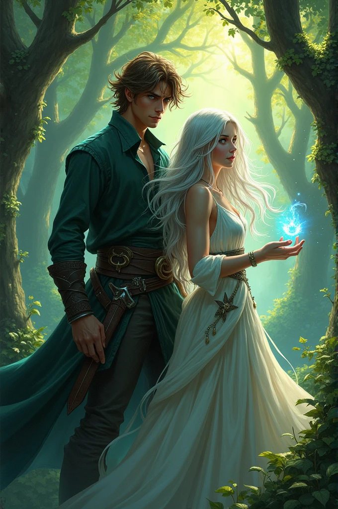 (fantasy novel cover), vibrant color scheme, (assassin man) with brown hair and striking green eyes, (sorceress girl) possessing silver hair and a mysterious blind eye, intricate details, dynamic pose, enchanting magical elements, lush enchanted forest background, charming and romantic ambiance, high-quality illustration, ultra-detailed, captivating atmosphere.
