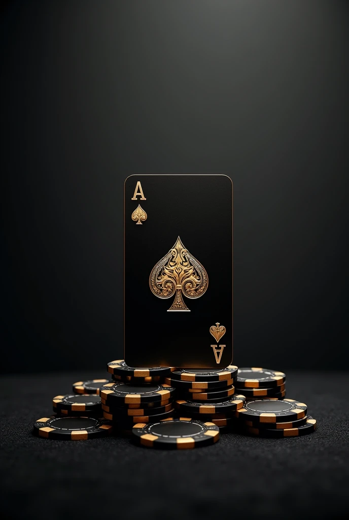 generate 8k images in pdf format for cell phone background of golden playing cards with black background mixed with gold But something simple with the playing cards in black and the symbols in gold but only with the 4 A simple background in black half gray with poker chips in black with gold at the base of the cards as if the cards were on a table and the poker chips at the bottom of it with the top view of the cards 