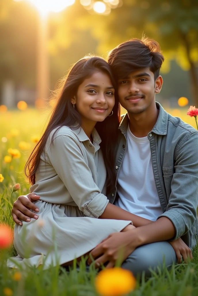 A 19-year-old indian beautiful girl wearing a shirt and skirt is sitting on the lap of a 17-year-old hansome Indian boy in a park, who is wearing a grey shirt and white t-shirt inner, his thick black hair falling over his eyes, both are looking straight at the camera. Beautiful scenery all around