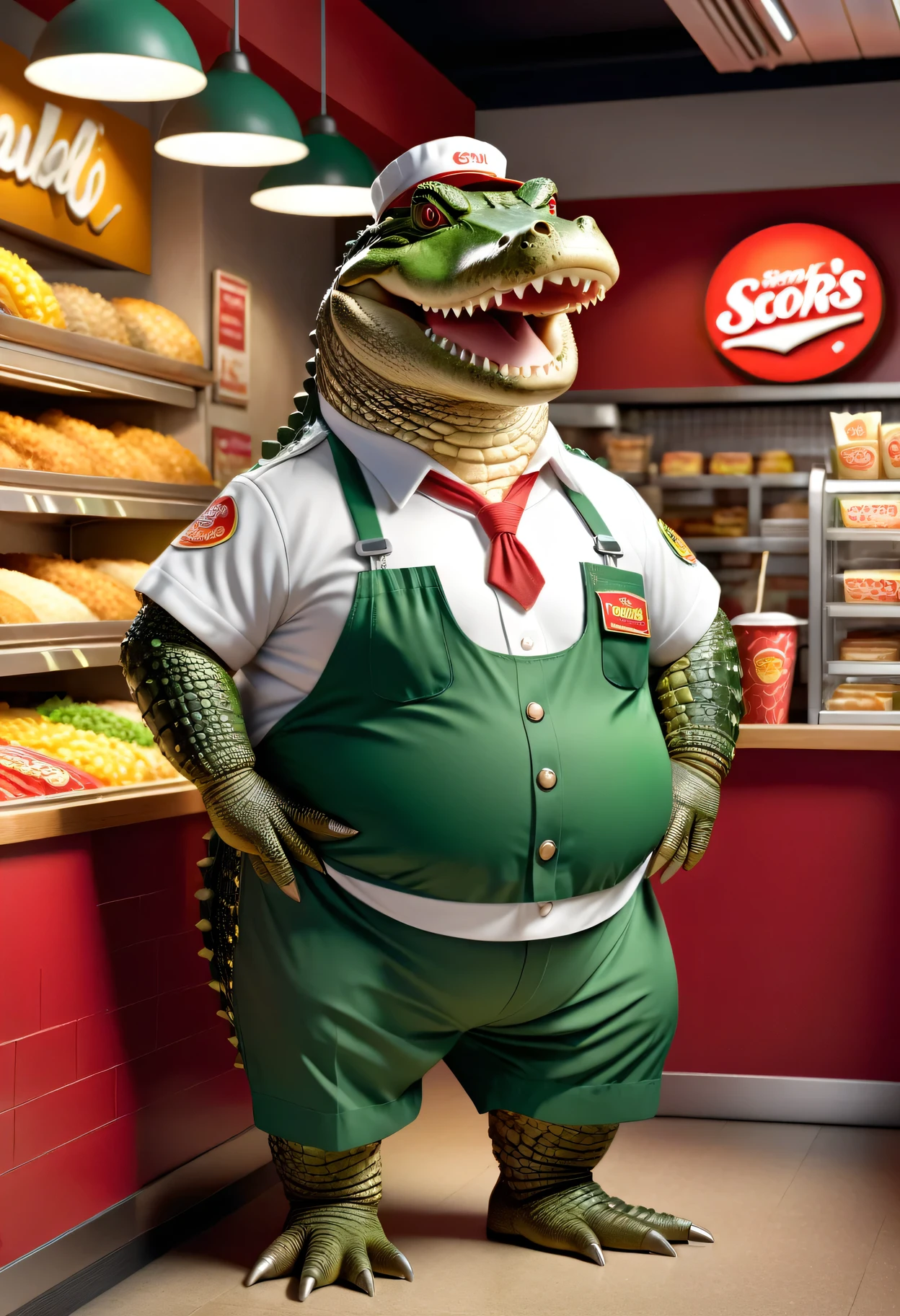 photorealistic portrait of Dressed animals-a ((fat)) (crocodile) worker,(furry), (elegant pose:1.5), (hands on hips:1.5),(smile:1.5),high quality,(),(lovely) ,intricate details, Wearing fast food shop uniform , ( wearing apron and cap), highly detailed ((fast food shop uniform)) ,highly detailed pants sneaker and high sox , (happy), soft lighting,(full body image:2.0),in fast food shop background,,score_9, score_8_up, score_7_up, score_6_up, score_5_up, score_4_up,