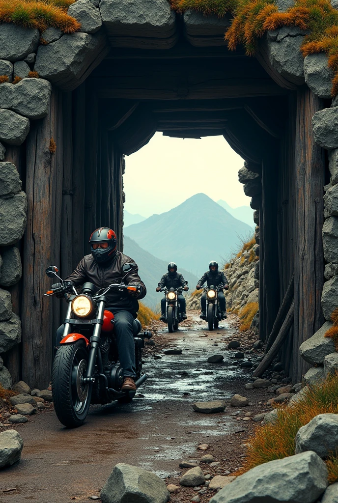 A logo with an entrance to an old abandoned mine and some motorcyclists in the background
