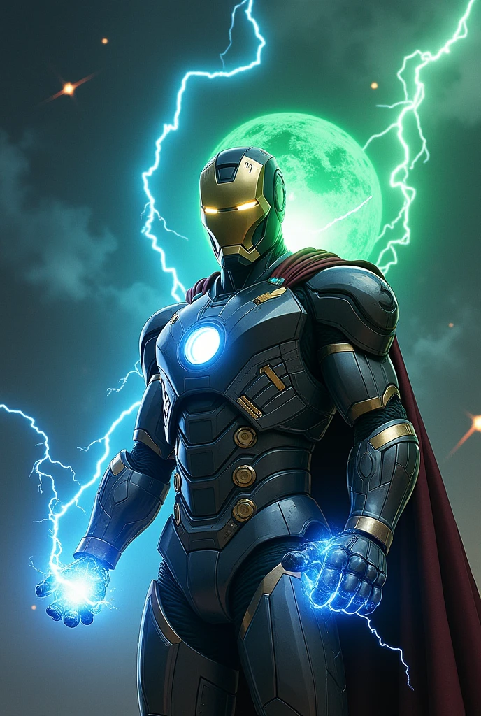 Combined super hero, with iron man, thor,dr strange,
Helmet on , armor only, space with blue lightning in the middle background, lightning in right hand, green time stone aura behind head , no cape collar
Helmet design like mark 50 iron man armor