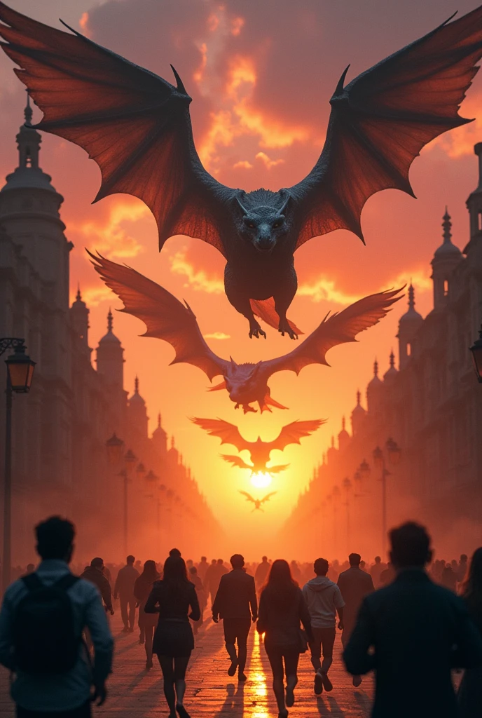 Highest quality,masterpiece,Ultra-high resolution, Fantasy、(A flock of gargoyles descends from the sky)、sunset、Shadows fall、(People running)、