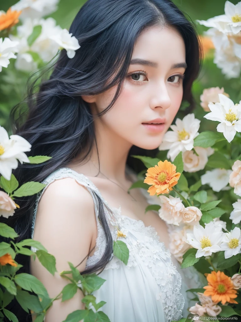 A captivating digital art portrait of a young woman surrounded by a vibrant array of flowers. Her wavy, dark blue hair frames her face, blending seamlessly with the floral elements around her. The flowers, in shades of orange, blue, and white, create a striking contrast against her pale skin. She gazes directly at the viewer with an intense, almost ethereal expression. The intricate details of the petals and leaves intertwine with her hair, giving the impression that she is one with nature. The