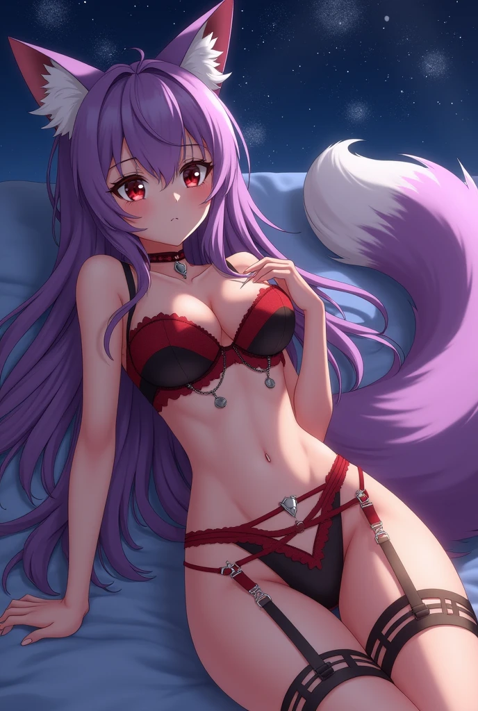 anime, long purple hair, neko girl with red eyes, fluffy purple fox tail, wearing red and black lingerie, navel piercing with a hanging chain, night sky background, laying down face up, serious expression, garter belt and straps, short neko ears, legs apart