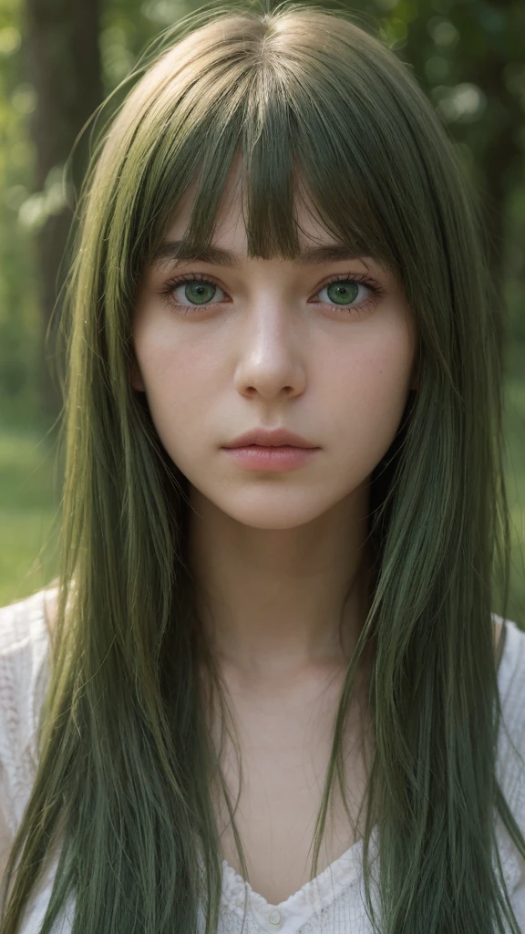 face portrait. a girl. european. extremely detailed face. oval face. delicate facial features. half-closed eyes. long straight hair. messy hair. bangs. green hair. green eyes. very angry. sad. shy