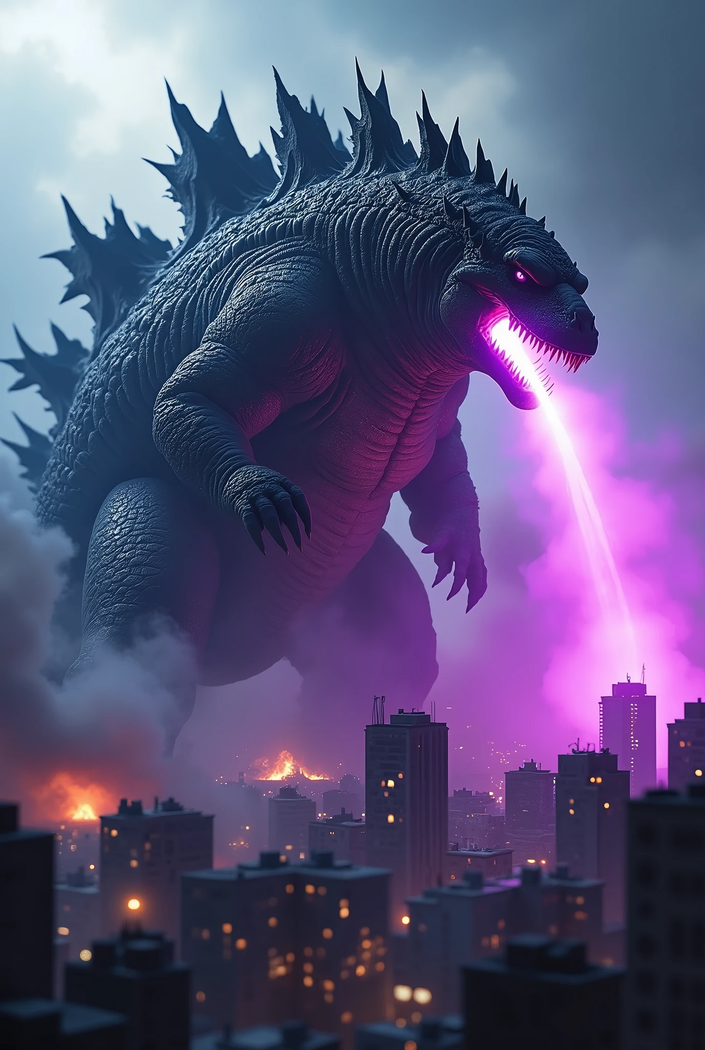 Tilt shift photography. a giant mutated lizard monster, godzilla, attacking a city, purple nuclear energy coming out of its mouth, detailed and realistic, cinematic wide angle, dark and ominous atmosphere, dramatic lighting, apocalyptic destruction, urban cityscape in the background, 8k, photorealistic, hyper detailed, masterpiece
