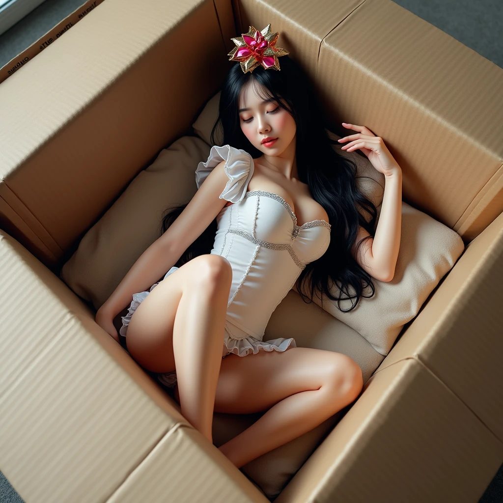Imagine a beautiful young adult European woman with black long hair, Beautiful and realistic face, that they are dressed in a hot mini maid outfit with a low neckline, to show his feet, In heels, asleep , that is covered in plastic, with a gift bow on her head, sitting inside a cardboard box with polystyrene, realistic feet, Whole body, opening your legs