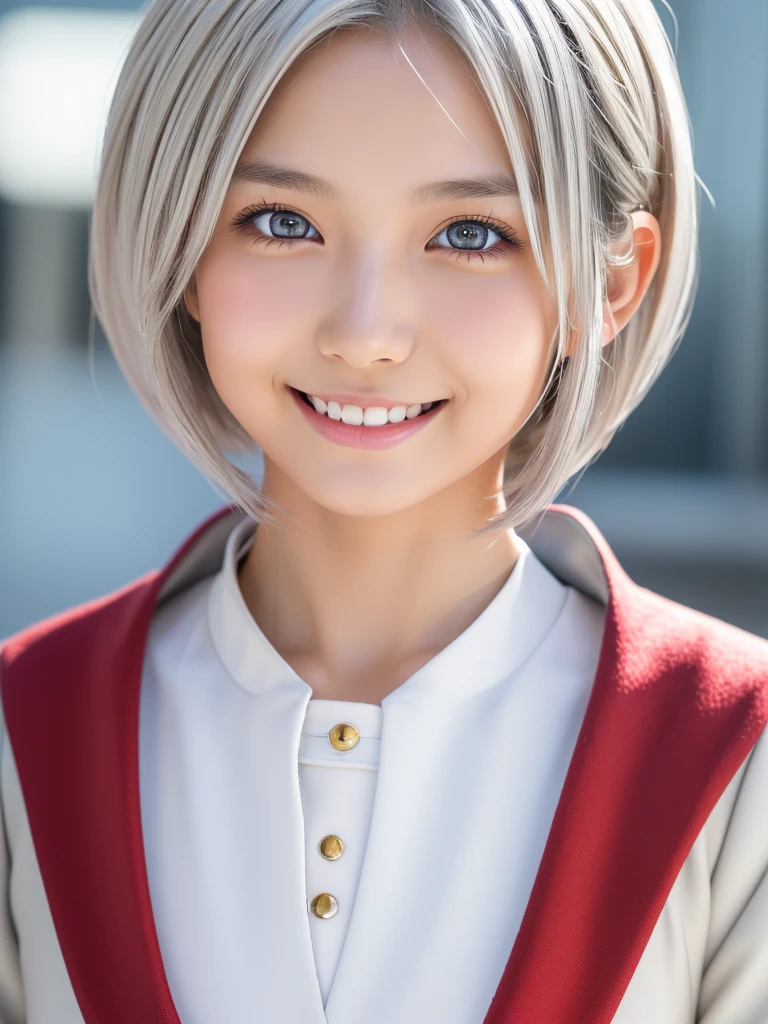 (A beautiful girl in a bright nordic setting, face lighting, realistic, cute, sexy, slim, extremely detailed eyes, droopy eyes, clear eyes, extremely detailed face:1.25), (ultra short fluffy hair,silver hair:1.5),(close-up of face,smiling:1.25), (japanese highschool uniform:1.5),detailed skin, intricate details, high quality, detailed background, soft lighting, detailed clothing, natural pose, cinematic lighting, volumetric lighting, digital art, photorealistic, vibrant colors, sharp focus, hyper detailed,Highres fix
