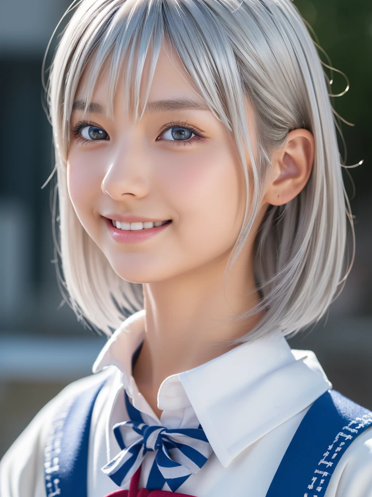 (A beautiful girl in a bright nordic setting, face lighting, realistic, cute, sexy, slim, extremely detailed eyes, droopy eyes, clear eyes, extremely detailed face:1.25), (ultra short fluffy hair,silver hair:1.5),(close-up of face,smiling:1.25), (japanese highschool uniform:1.5),detailed skin, intricate details, high quality, detailed background, soft lighting, detailed clothing, natural pose, cinematic lighting, volumetric lighting, digital art, photorealistic, vibrant colors, sharp focus, hyper detailed,Highres fix