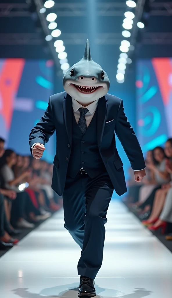 Cute baby shark with funny giant head wearing muscular business suit in realistic full body fashion show