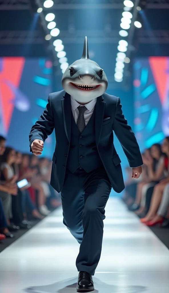 Cute baby shark with funny giant head wearing muscular business suit in realistic full body fashion show