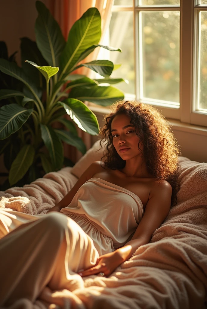 (photorealism:1.2), beautiful woman, sitting on bed, wearing loose off-shoulder top, pajama pants, long curly hair, indoors, soft lighting, plants in background, window with sunlight, cozy room, relaxed pose, realistic, intricate details, warm colors, by Greg Rutkowski, by Alphonse Mucha