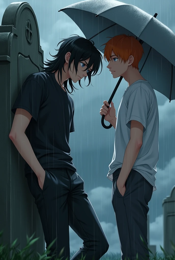 A guy with long black hair, gray eyes, Beautiful face, beautiful body, black T-shirt, black trousers, sitting leaning against the tombstone, It&#39;s raining, sad, A guy with orange hair and blue eyes is standing nearby., Beautiful face, beautiful body, White T-shirt, dark gray pants, holding a gray umbrella over him, anime art, realistically, super detail, masterpiece