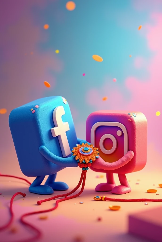 Generate an image in which Facebook icon/logo is tying Rakhi to Instagram icon/logo