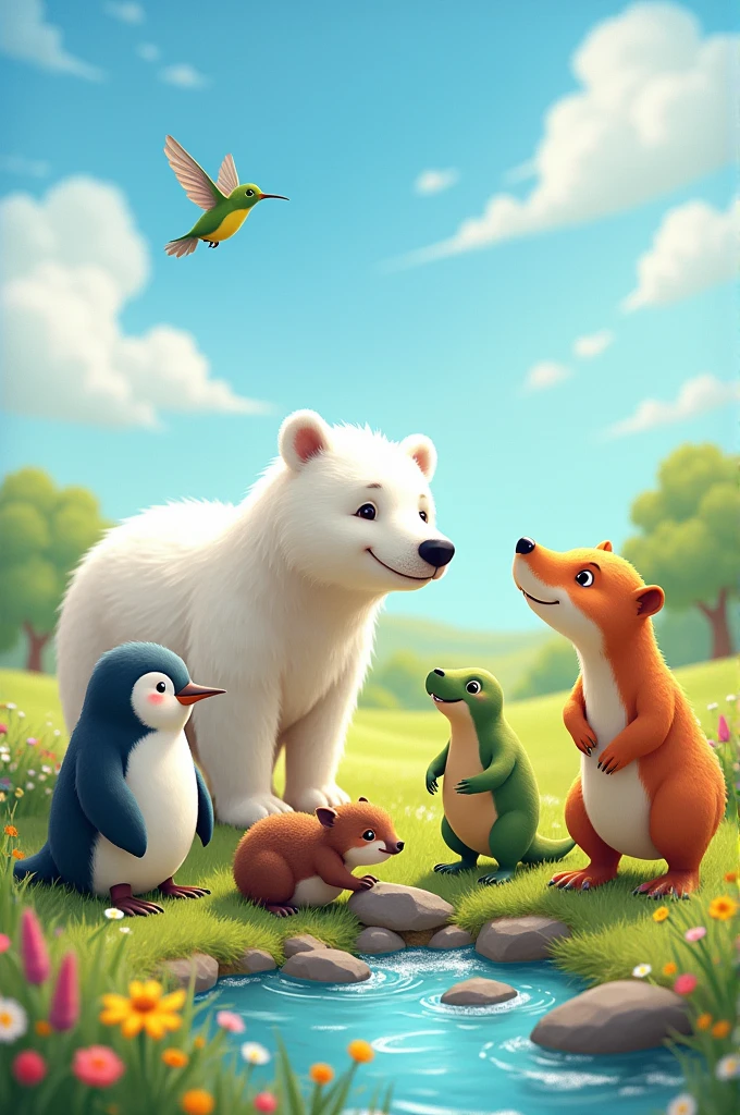 Draw a picture of a penguin, beaver, hummingbird, fennec fox, dinosaur, and polar bear all being friends together.