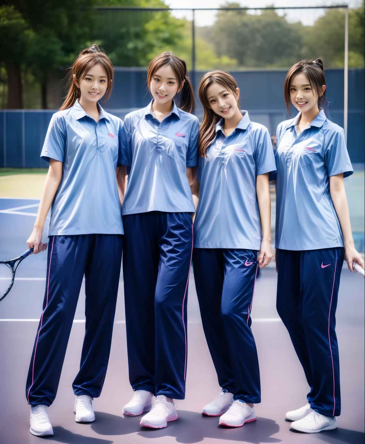 3 girls play tennis at tennis courts, Navy blue short-sleeved shirt,Navy Long Trackpant,Sweatpants, Sweatpantsขายาว,25 year old girl, lesbian, sexy, exercise clothes, wet body, exercise clothes