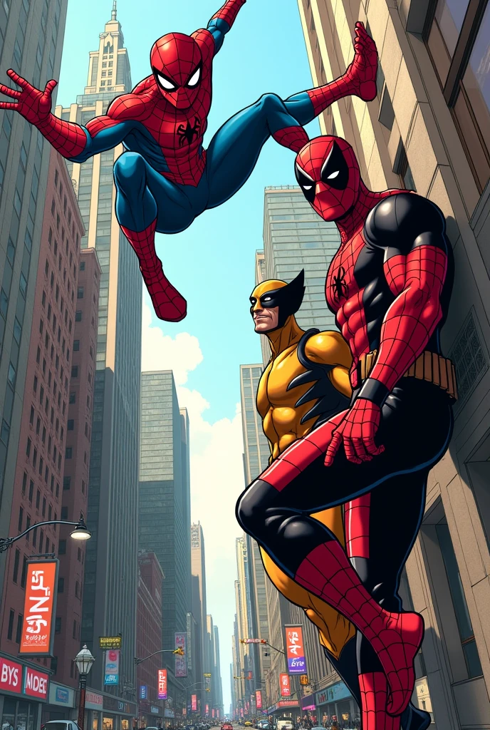 Spider-Man, Wolverine and Deadpool in the style of Mar del comic pero sin que deadpool tenga las garras 