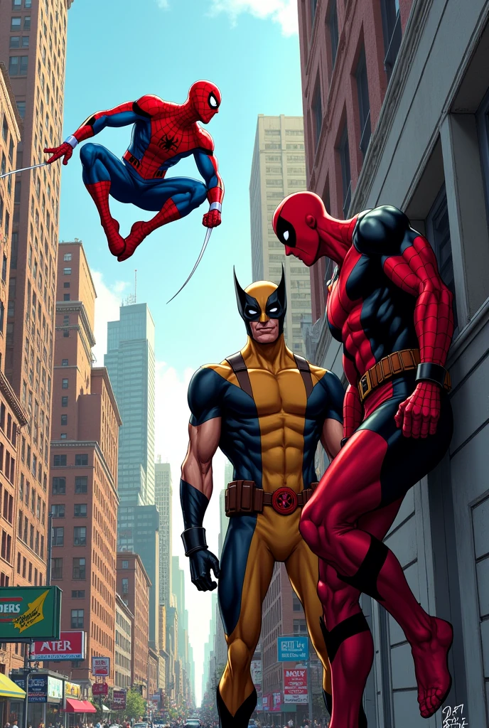 Spider-Man, Wolverine and Deadpool in the style of Mar del comic pero sin que deadpool tenga las garras