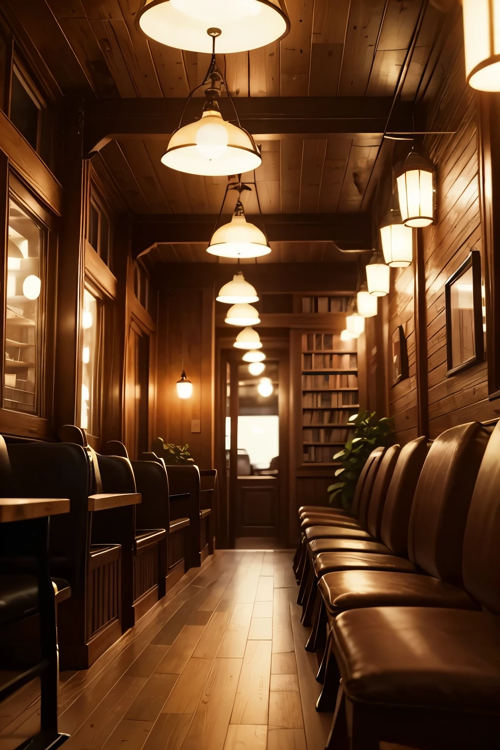 Generate an image of a cozy vintage-style coffee shop at night located on a quiet street. There should be an old wooden sign and yellow streetlights illuminating the scene. Large glass windows reveal the interior with wooden furniture and a variety of books.