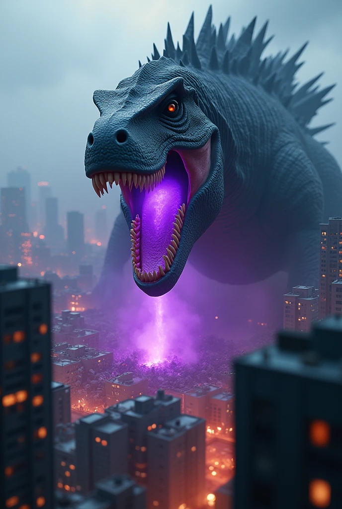 Tilt shift photography Kaiju. . a giant mutated t-rex lizard monster, godzilla, attacking a city, purple nuclear energy coming out of its mouth, detailed and realistic, cinematic wide angle, dark and ominous atmosphere, dramatic lighting, apocalyptic destruction, urban cityscape in the background, 8k, photorealistic, hyper detailed, masterpiece