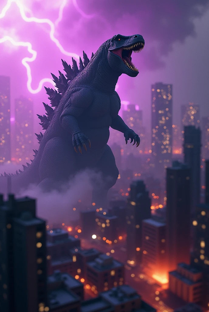 Tilt shift photography Kaiju. . a giant mutated t-rex lizard monster, godzilla, attacking a city, purple nuclear energy coming out of its mouth, detailed and realistic, cinematic wide angle, dark and ominous atmosphere, dramatic lighting, apocalyptic destruction, urban cityscape in the background, 8k, photorealistic, hyper detailed, masterpiece