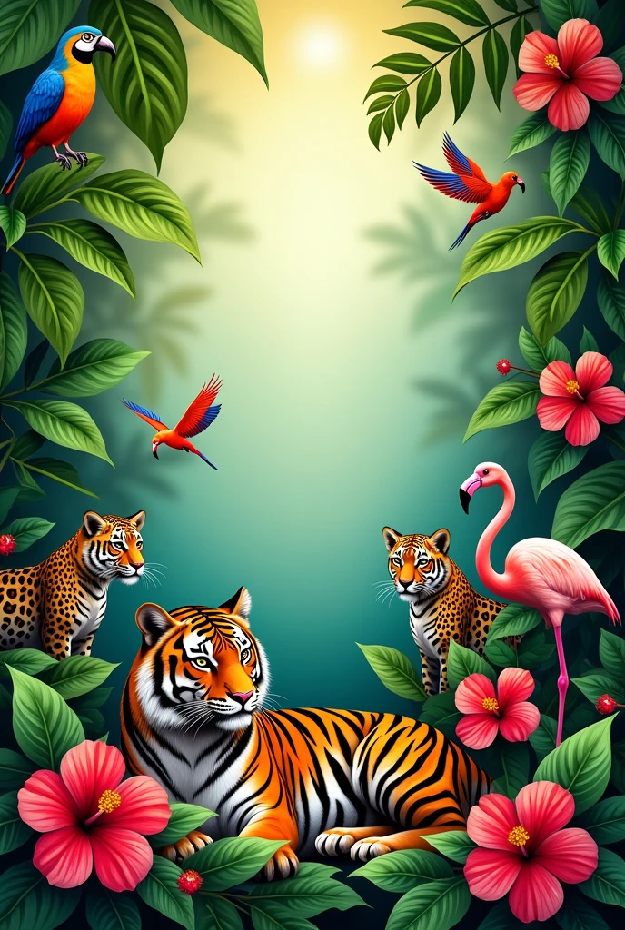 Can you make a post for me leaving space for my text and make it bade on tropical theme with birds , tiger , flamingo , leopard blooming flower and leaves
