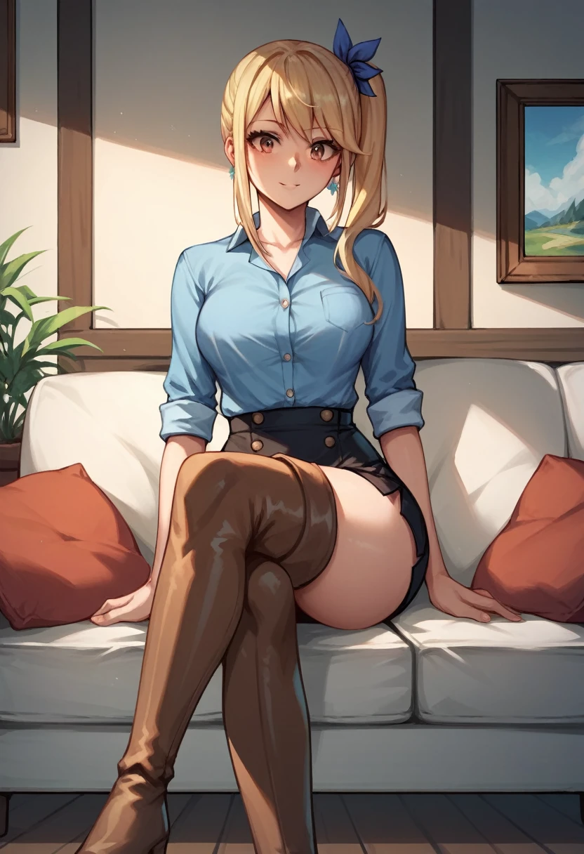 score_9, score_8_up, score_7_up, score_6_up, score_5_up, score_4_up, source_anime, 1girl,lucy heartfilia, blonde hair, long hair, side ponytail, blue ribbon, brown eyes, middle breasts, earrings, thigh boots, brown boots, blue shirt, black skirt, crossed legs, pregnancy, sit, sofa, room, paintings, best quality, best res, 4K UHD,