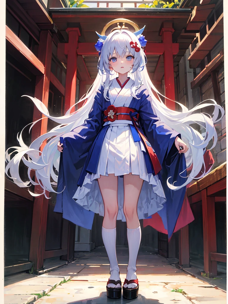 High definition、anime、pastel、watercolor、A pure girl dressed in a shrine maiden's outfit、Flowers sprout from beneath your feet、１８age、Halfred with long silver hair、Full body portrait、I can&#39;t see my feet、Do not show thighs、Wearing clogs、A long, flowing miko outfit、Large eyes like opals、Powerful eyes、Dance dedicated to the gods